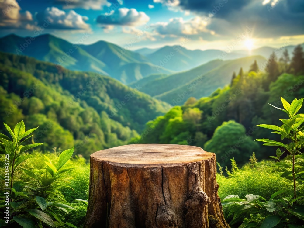 Fototapeta premium Vintage Rustic Stump Table Product Display - Mountain Forest Background