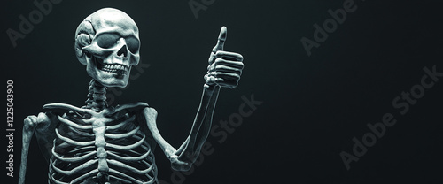 Skeleton giving a thumbs-up gesture with a dark background, symbolizing positivity, health, or Halloween-themed concepts, ideal for creative designs or educational purposes. photo