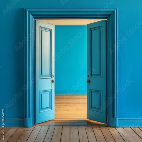 Elegant Double Doors in Bright Blue, Open Inward, Against a Warm Beige Wall