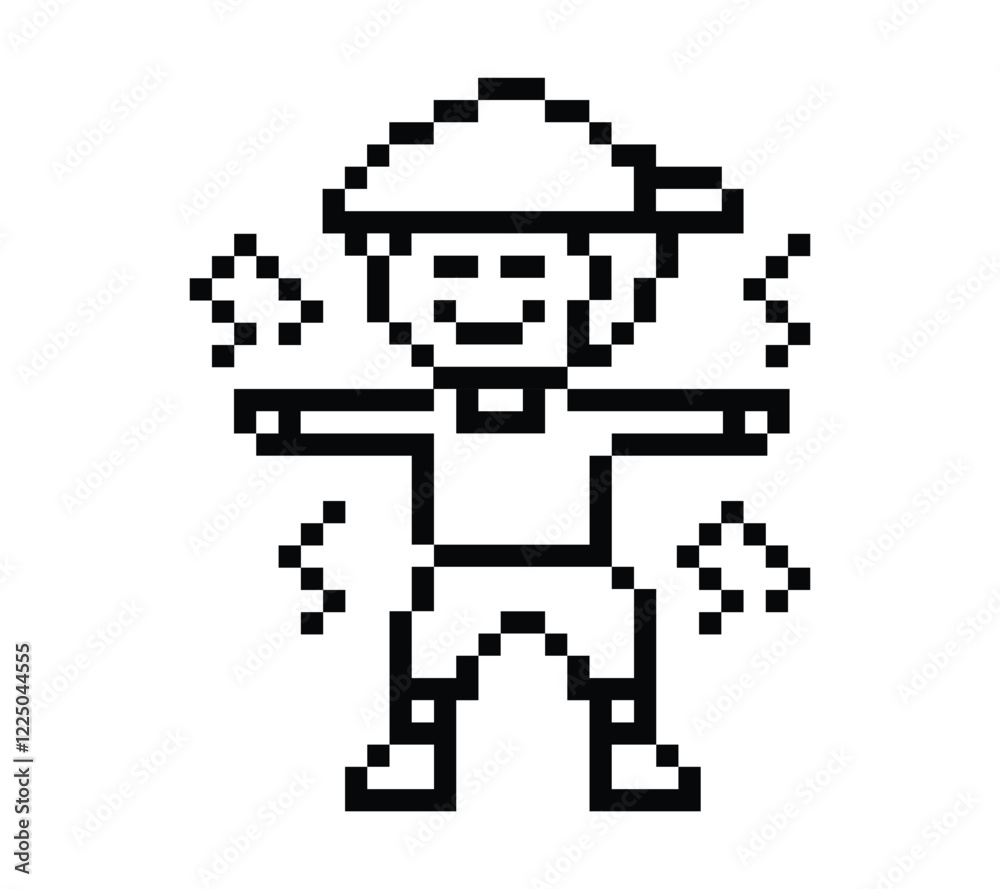 Fototapeta premium Cartoon pixel character cute man exercises training dance lifestyle music decoration life style 8 bit male boy dance with music game 8bit fitness isolated PNG vector.