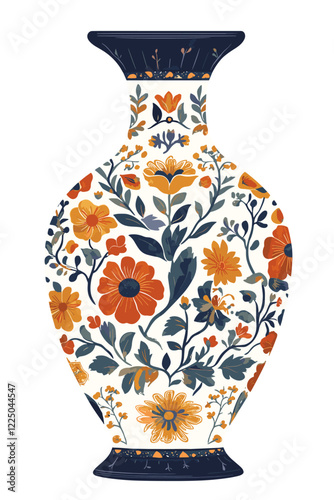 Colored ceramic vase Porcelain vases for flowers, antique pottery, floral and abstract patterns. Vase pottery for decoration Trendy flat style isolated on white Vector illustration