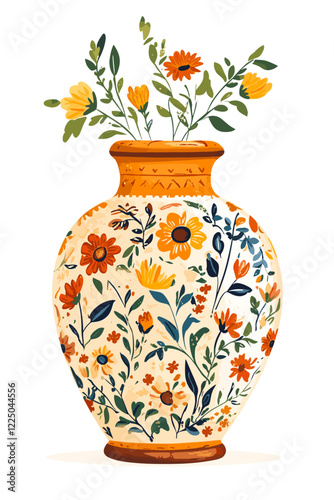 Colored ceramic vase Porcelain vases for flowers, antique pottery, floral and abstract patterns. Vase pottery for decoration Trendy flat style isolated on white Vector illustration