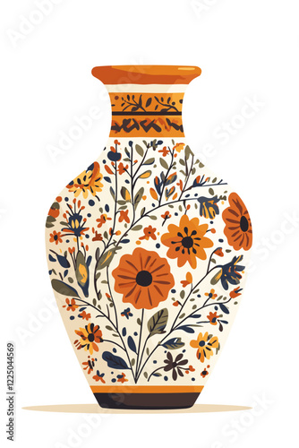Colored ceramic vase Porcelain vases for flowers, antique pottery, floral and abstract patterns. Vase pottery for decoration Trendy flat style isolated on white Vector illustration