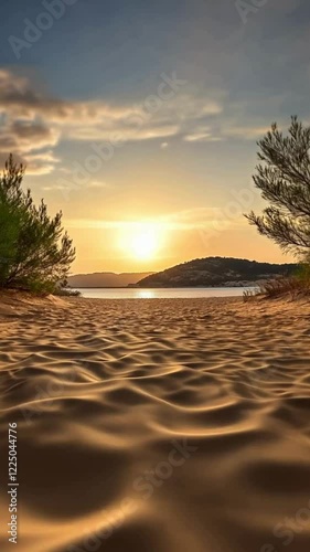 vertical video of a pond in a sandy desert on sunny day