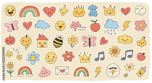 Wallpaper Mural Funky childish doodles and icons drawn with crayon. Cute kid scribble doodle icons set. Child games, toys and drawings. Hand drawn cute vector illustrations. Flower, heart, cloud, car, animals, house Torontodigital.ca