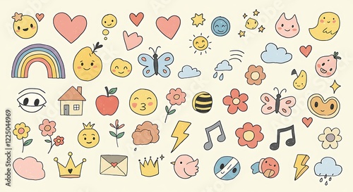 Wallpaper Mural Funky childish doodles and icons drawn with crayon. Cute kid scribble doodle icons set. Child games, toys and drawings. Hand drawn cute vector illustrations. Flower, heart, cloud, car, animals, house Torontodigital.ca