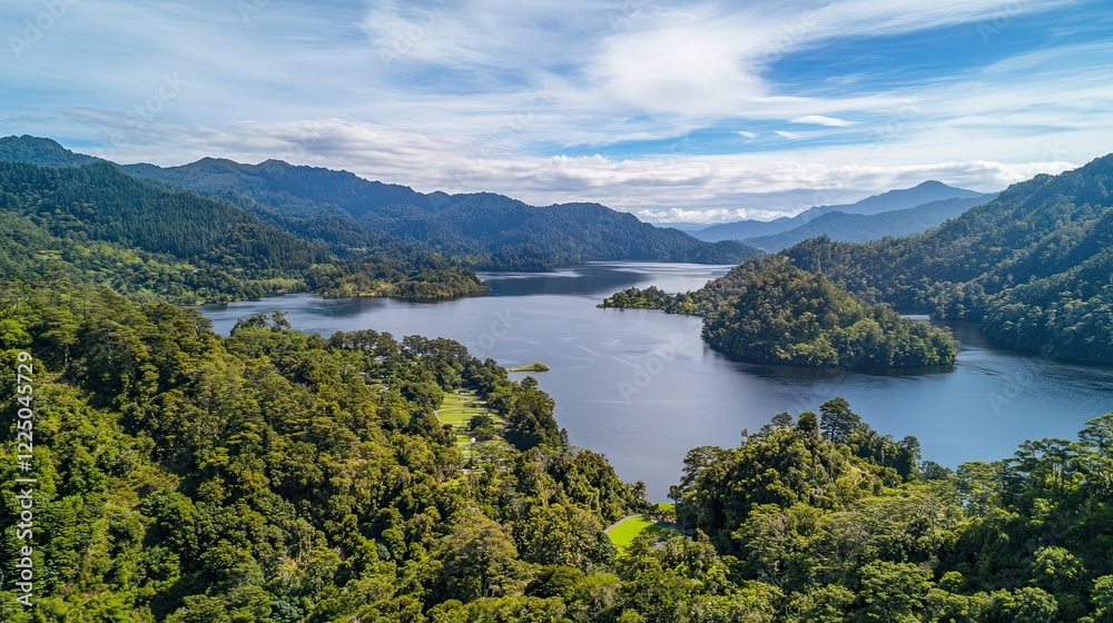Aerial view of a serene lake surrounded by lush green mountains and forest Aerial view of a serene lake surrounded by lush green mountains and forest