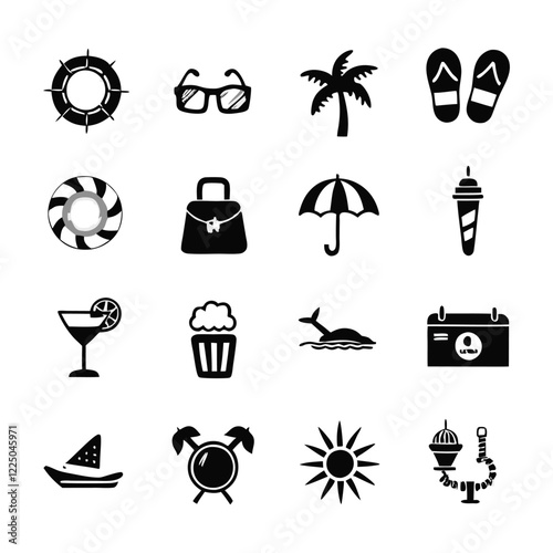 A black and white image of various icons including palm trees and beach
