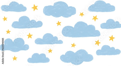 Collection of crayon drawn blue clouds and yellow cute stars in kid's style. Pencil drawings childish icons isolated on white.