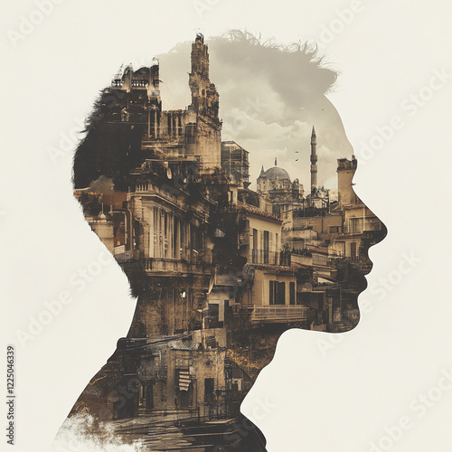 Double exposure portrait of a man blended with architectural elements of an ancient city, symbolizing heritage, culture, and the connection between humanity and history. photo