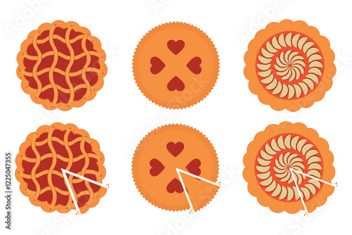 Set of fruit pies. Top view of the pie. Fruit pies - flat icons. Isolated vector illustration.
