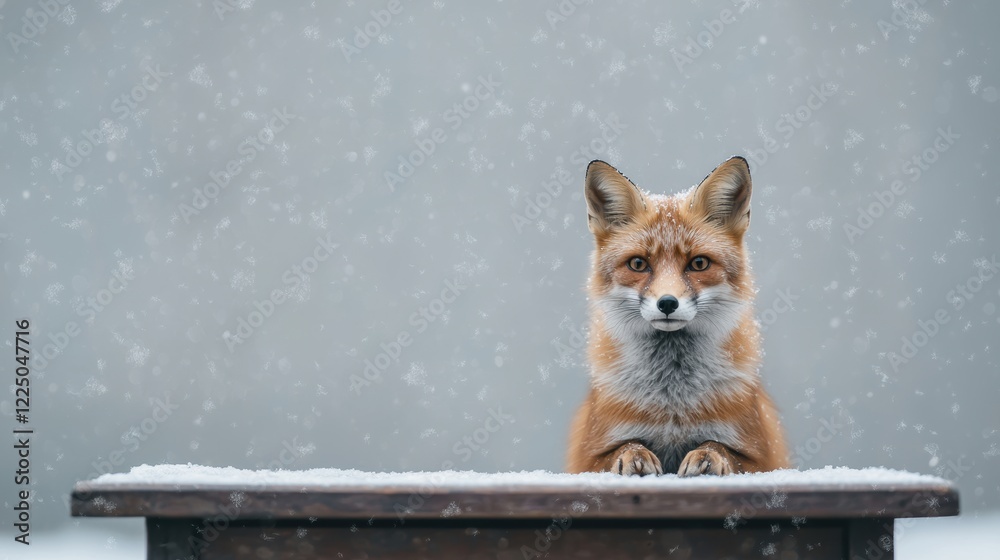Obraz premium Curious fox resting on snowy table during snowfall
