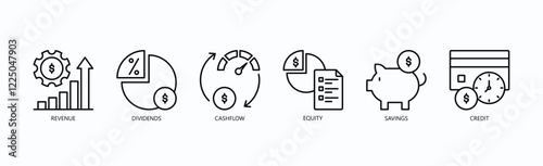 Financial Flow Icon Set Isolated Vector With Icon Of Revenue, Dividends, Cashflow, Equity, Savings, Credit In Outline Style