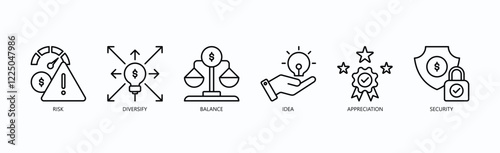Stability Icon Set Isolated Vector With Icon Of Risk, Diversify, Balance, Idea, Appreciation, Security In Outline Style