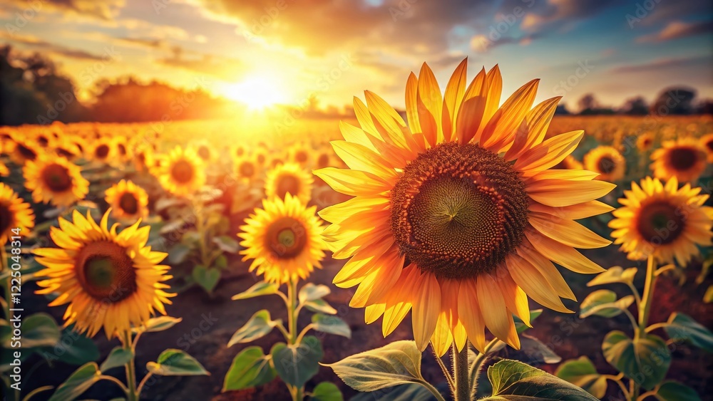 Fototapeta premium Vintage Sunflowers: Vibrant Yellow Blooms in a Summer Field