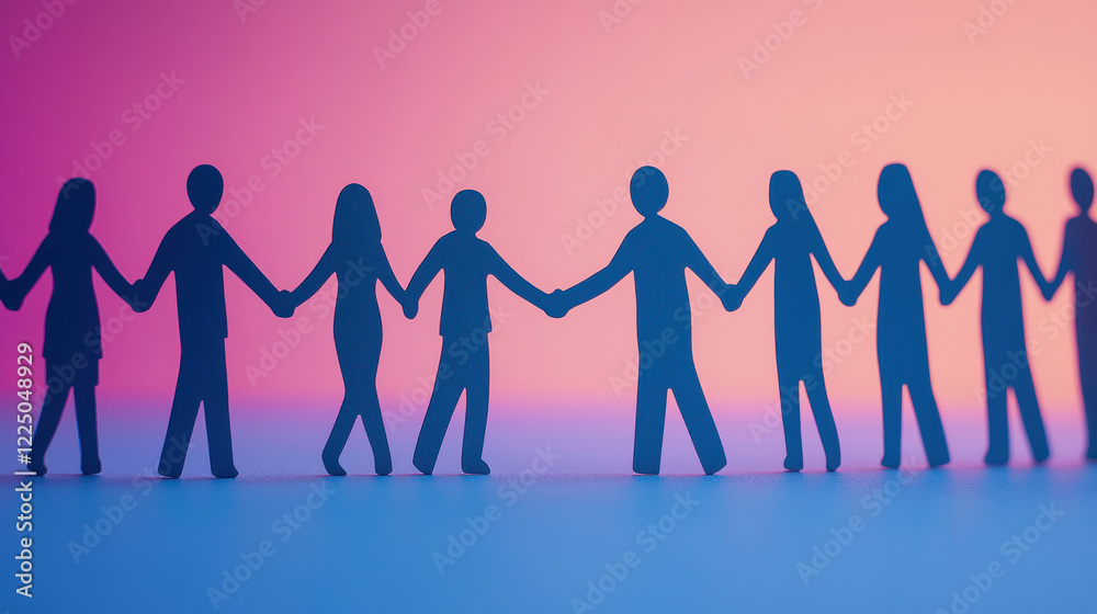 Paper cutout Silhouettes of people holding hands against a colorful gradient background. Paper cutout Silhouettes of people holding hands against a colorful gradient background.