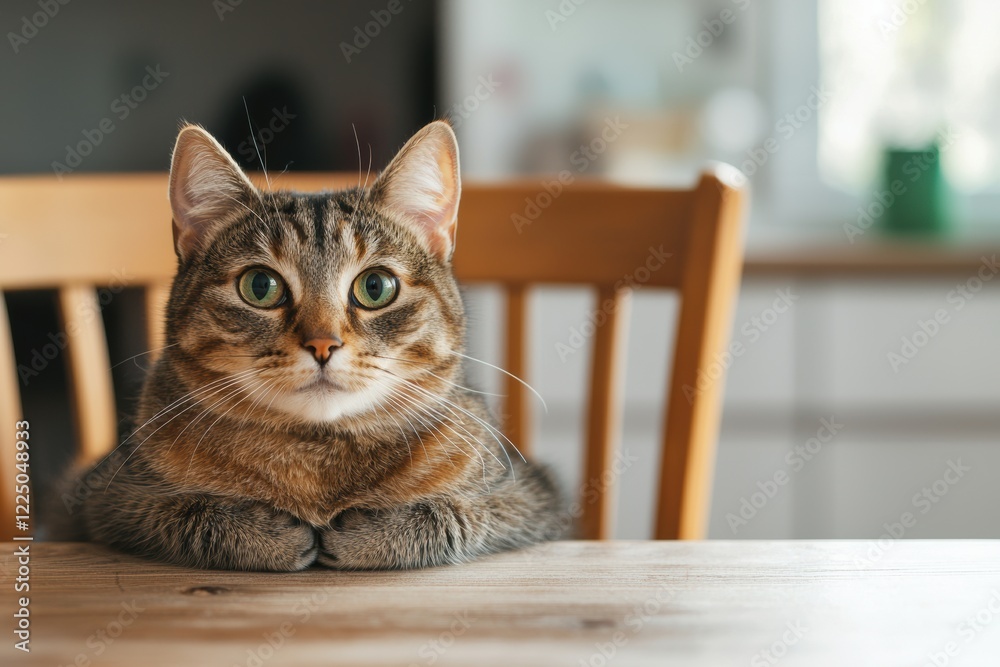 Tabby cat resting on kitchen table Tabby cat resting on kitchen table