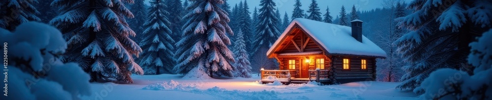 Fototapeta premium Snow-covered pine trees, twinkling lights, cozy cabin , greeting, magical, background