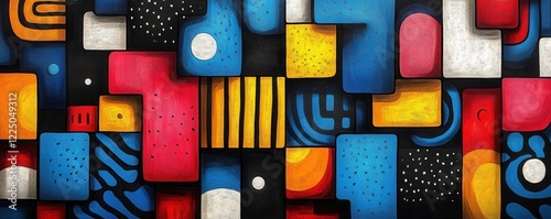 Vibrant geometric pattern with black, white, and colorful abstract shapes