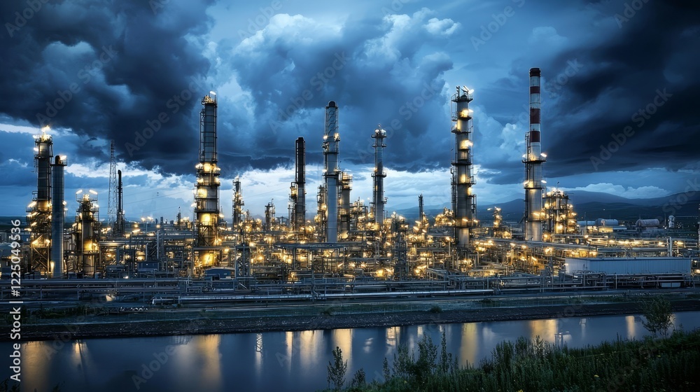 Powerful storm clouds loom over a busy oil production plant at night. Powerful storm clouds loom over a busy oil production plant at night.