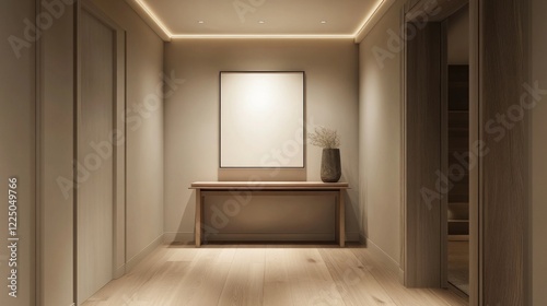 Minimalist hallway with blank frame artwork and wooden furniture creating a serene ambiance