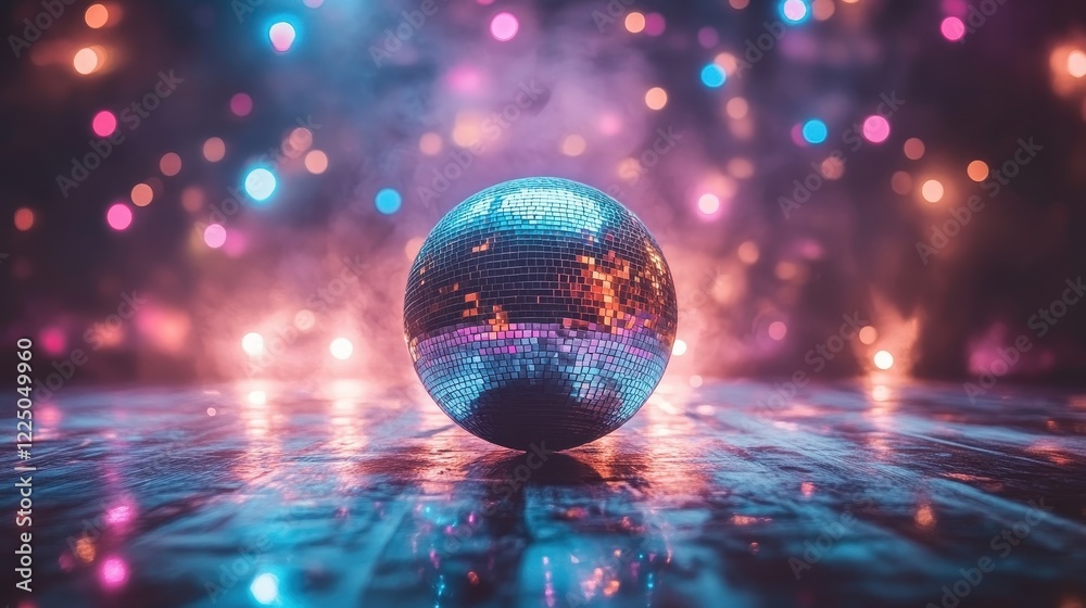 Disco ball on a smoky dance floor with colorful lights. Perfect for party, nightclub, or 70s themed designs. Disco ball on a smoky dance floor with colorful lights. Perfect for party, nightclub, or 70s themed designs.