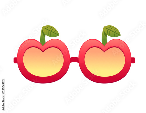 Isometric red sunglasses with apple fruit shaped lenses, with green leaves. Vector illustration isolated on white background