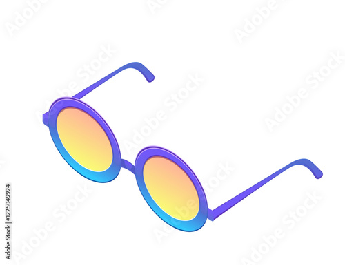 Isometric sunglasses with a retro gradient of purple, pink, and yellow on the lenses. Vector illustration isolated on white background