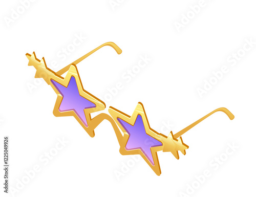 Isometric gold-framed sunglasses with purple star-shaped lenses and decorative details. Vector illustration isolated on white background