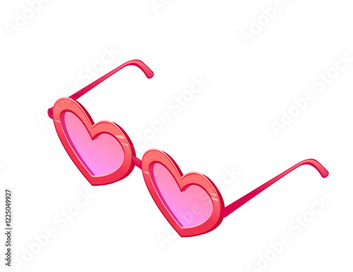 Isometric pink sunglasses with heart-shaped lenses, glossy finish and a curved frame. Vector illustration isolated on white background
