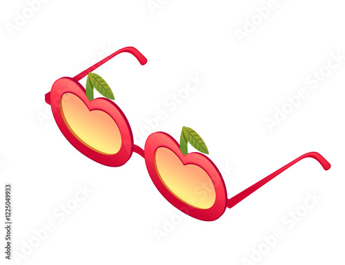 Isometric red sunglasses with apple fruit shaped lenses, with green leaves. Vector illustration isolated on white background