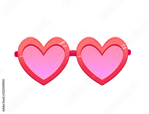 Pink sunglasses with heart-shaped lenses, glossy finish and a curved frame. Vector illustration isolated on white background