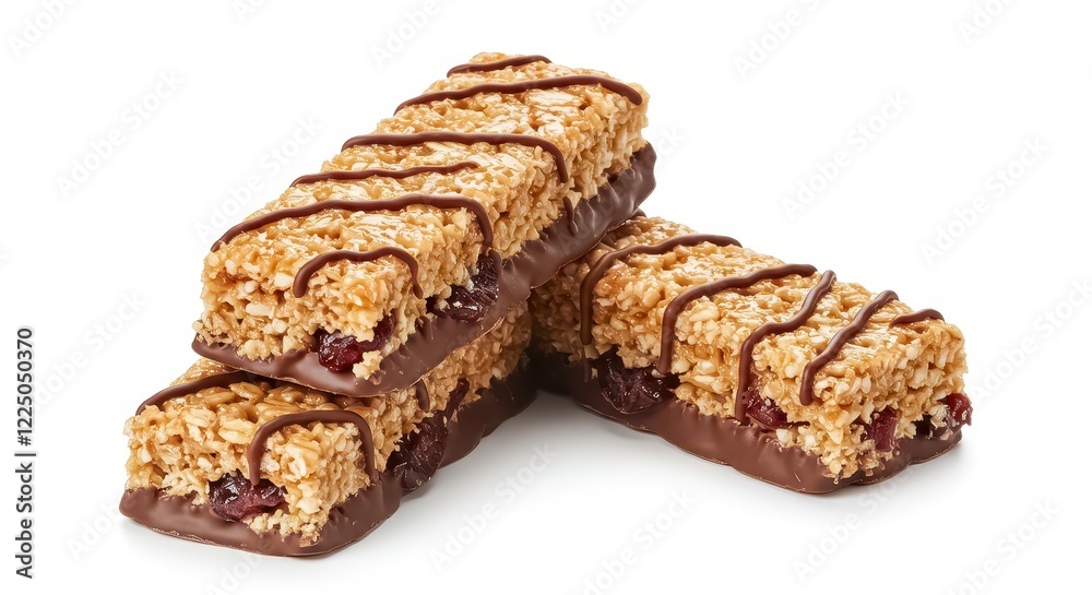 A stack of three granola bars coated with shiny chocolate placed against a bright white background A stack of three granola bars coated with shiny chocolate placed against a bright white background