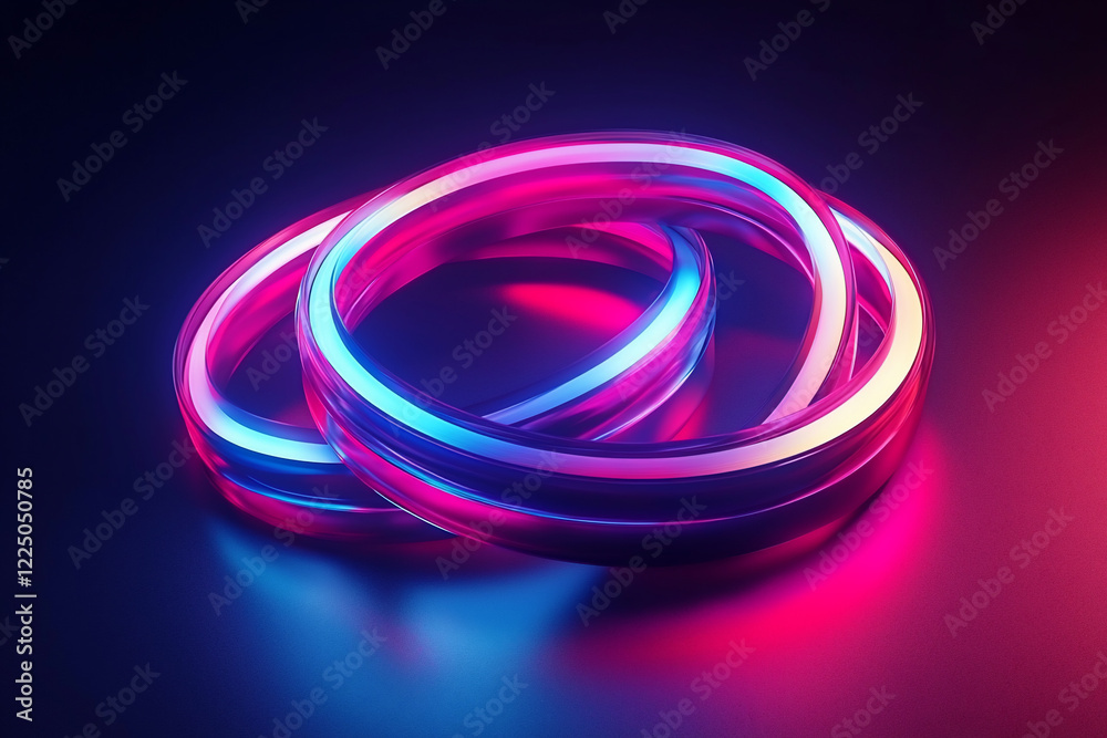 Colorful illuminated rings intertwined on a dark surface with a vibrant glow, creating a futuristic vibe