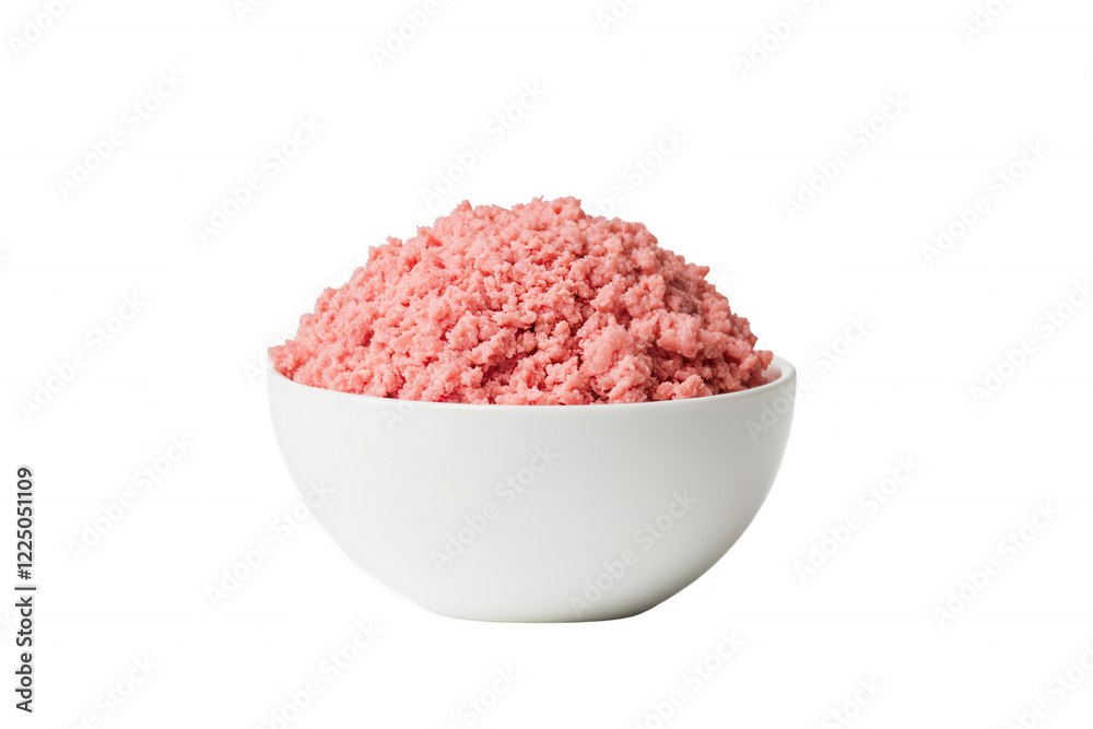 Bright pink granulated substance in a white bowl on transparent background, perfect for adding a pop of color to desserts or culinary creations Bright pink granulated substance in a white bowl on transparent background, perfect for adding a pop of color to desserts or culinary creations
