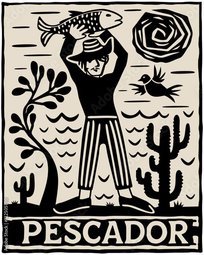 Fisherman with fish. Northeast brazilian cordel. Woodcut vector illustration