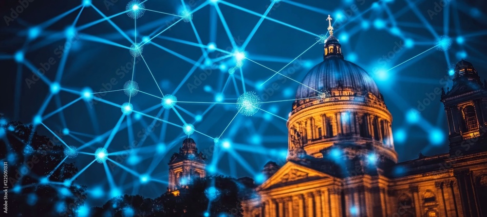 Historic Architecture Embraces the Digital Age Glowing Building With Connected Network Overlay Historic Architecture Embraces the Digital Age Glowing Building With Connected Network Overlay