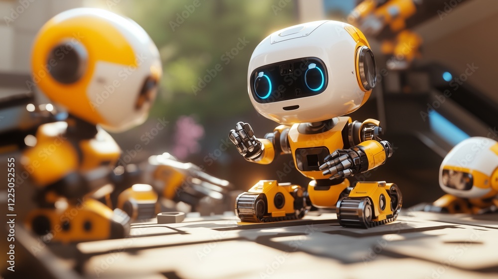 Robots collaborating on a construction project, demonstrating teamwork and growth. Robots collaborating on a construction project, demonstrating teamwork and growth.