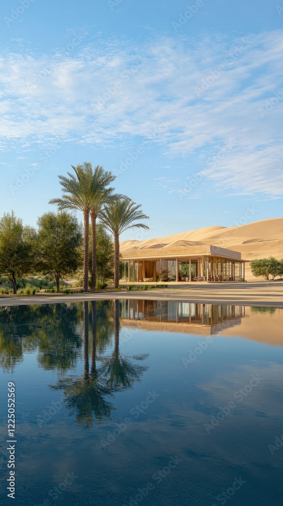 A serene oasis with tranquil pool and palm trees desert landscape gigapixel photography peaceful environment captivating view