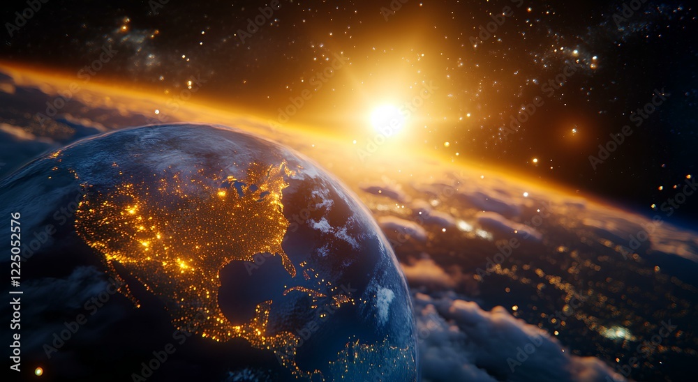 Obraz premium A beautiful Earth floating in the sky, surrounded by clouds and light rays shining down on it. The sun is visible behind the planet, casting its warm glow over everything below. In front of the Earth.