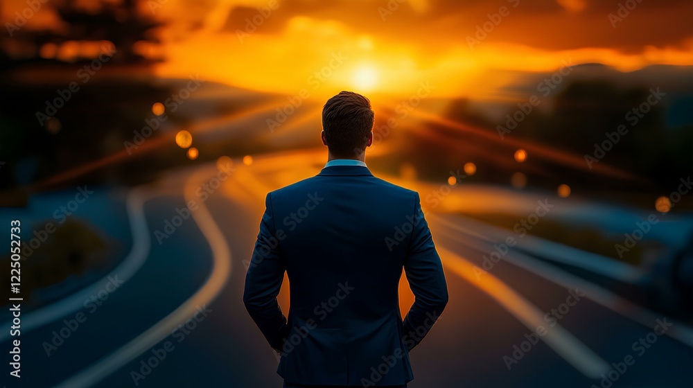 A business leader standing confidently in front of a roadmap to success, digital business concept