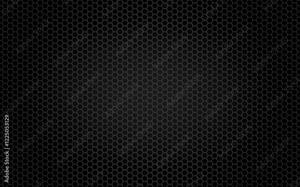 Dark metallic honeycomb pattern with subtle lighting, black hexagonal mesh texture, industrial background, futuristic grid, abstract metal surface, technology-inspired design.