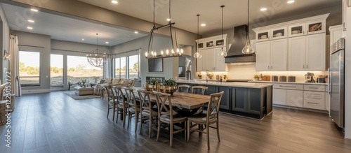 Wallpaper Mural Open concept kitchen and living area featuring high-end appliances and a large dining table Torontodigital.ca