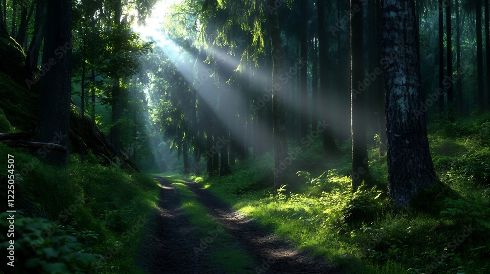 Obraz premium Sunbeams Illuminating a Forest Path