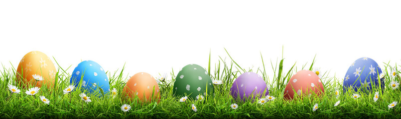 A template of a collection of painted easter eggs celebrating a Happy Easter with spring green meadow grass against a transparent background