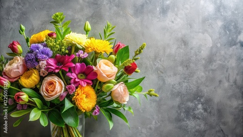 Colorful mix of fresh flowers in a long arrangement with green leaves and stems on a neutral gray background, fresh cut flowers, floral design photo