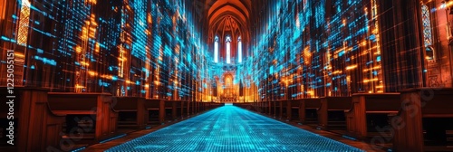 Gothic Cathedral Interior with Futuristic Blue Digital Network Overlay and Patterned Floor