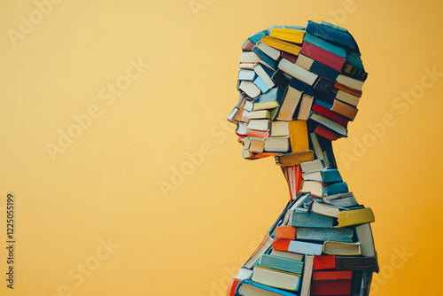 Surreal human head composed of stacked books on a yellow background, symbolizing knowledge, education, intelligence, and the power of learning photo