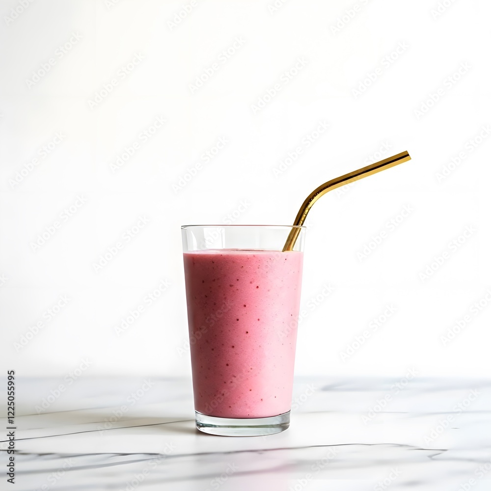 A minimalist white marble table with a single glass of pink smoothie and a gold straw, AI Generated A minimalist white marble table with a single glass of pink smoothie and a gold straw, AI Generated