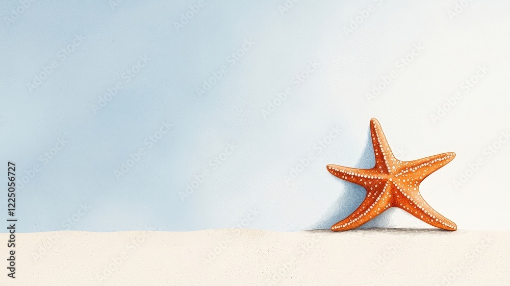 Orange Starfish on Sandy Beach with Soft Blue Sky Background and Subtle Shadow Play Orange Starfish on Sandy Beach with Soft Blue Sky Background and Subtle Shadow Play